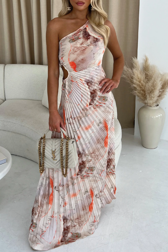 Tamika Orange Plisse Marble Print Dress