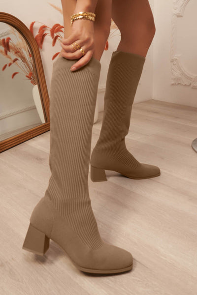 Tessa Taupe Knit Knee High Boots Vavavoom.ie