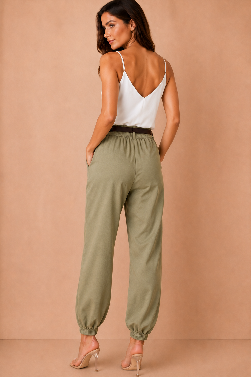 Tori Khaki Linen Belted Balloon Leg Trousers