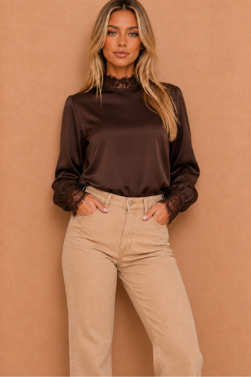Trina Chocolate High Neck Lace Trim Blouse