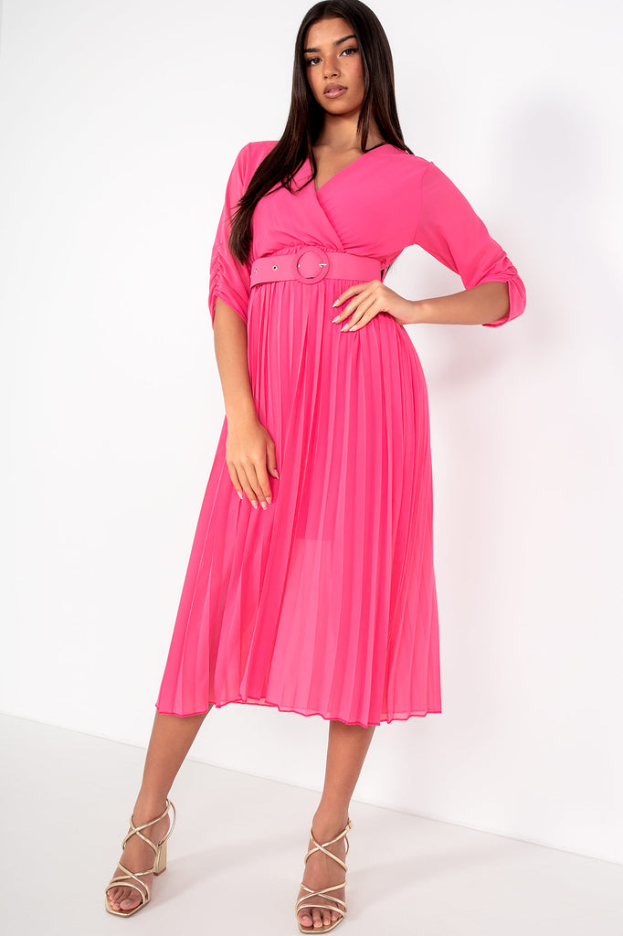 Uliana Hot Pink Chiffon Pleated Dress