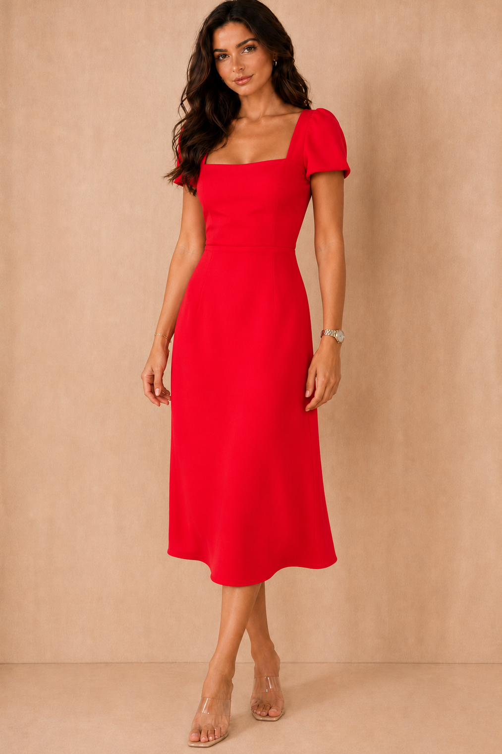 Valentina Red Square Neck Midi Dress