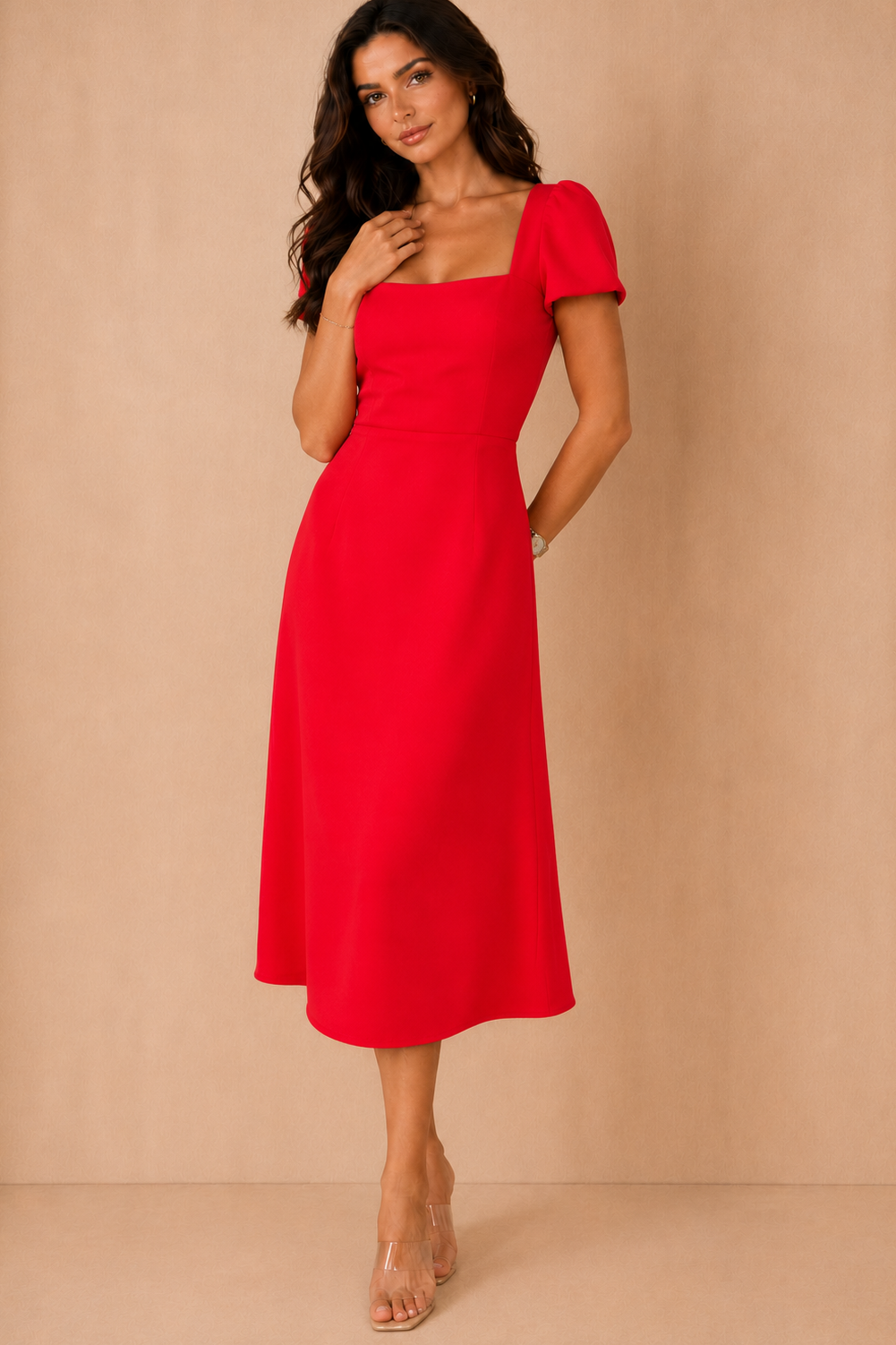 Valentina Red Square Neck Midi Dress