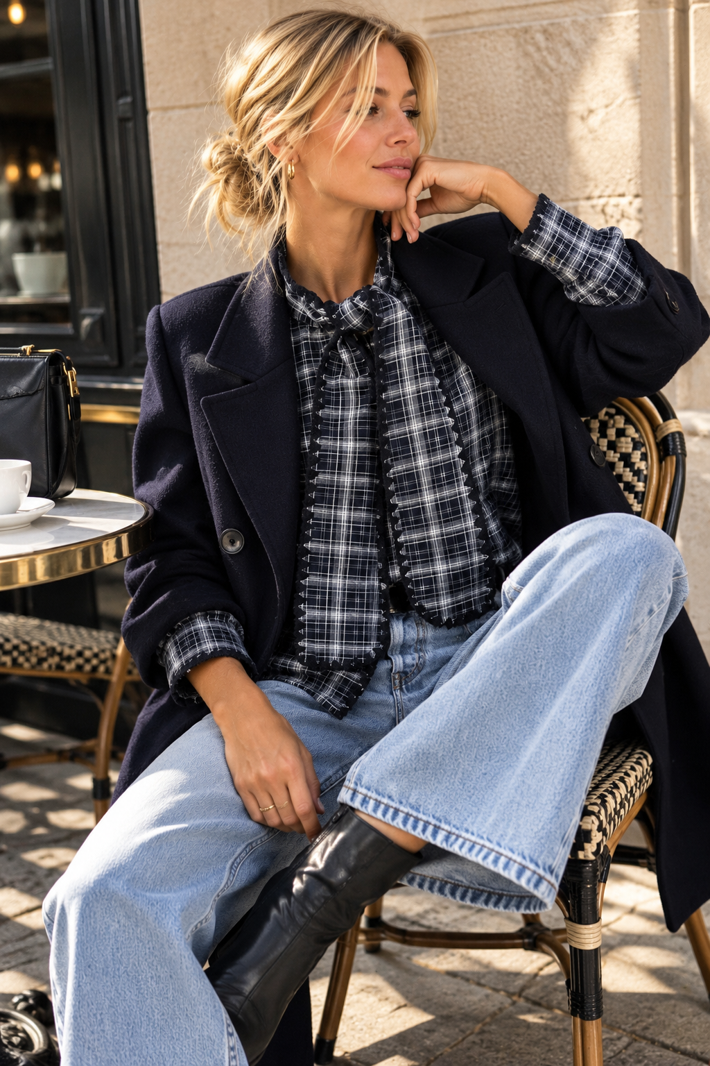 Vandelia Navy Check Tie Neck Shirt