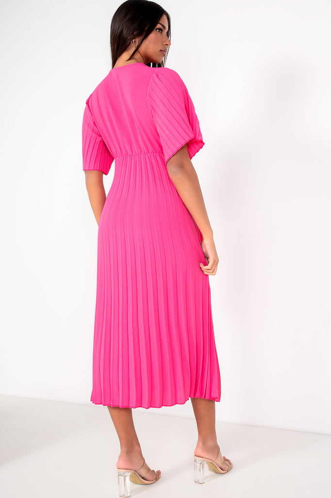 Vayda Hot Pink Pleated Midi Dress