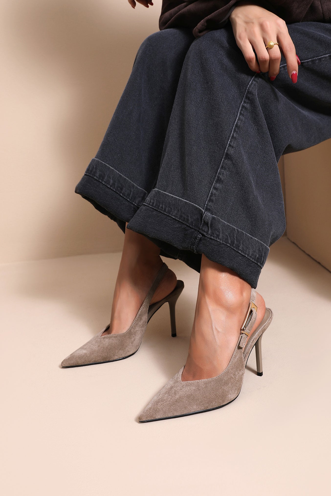 Vayda Taupe Suedette Slingback Heels