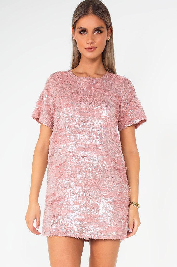 Veda Dusty Pink Sequin T-Shirt Dress