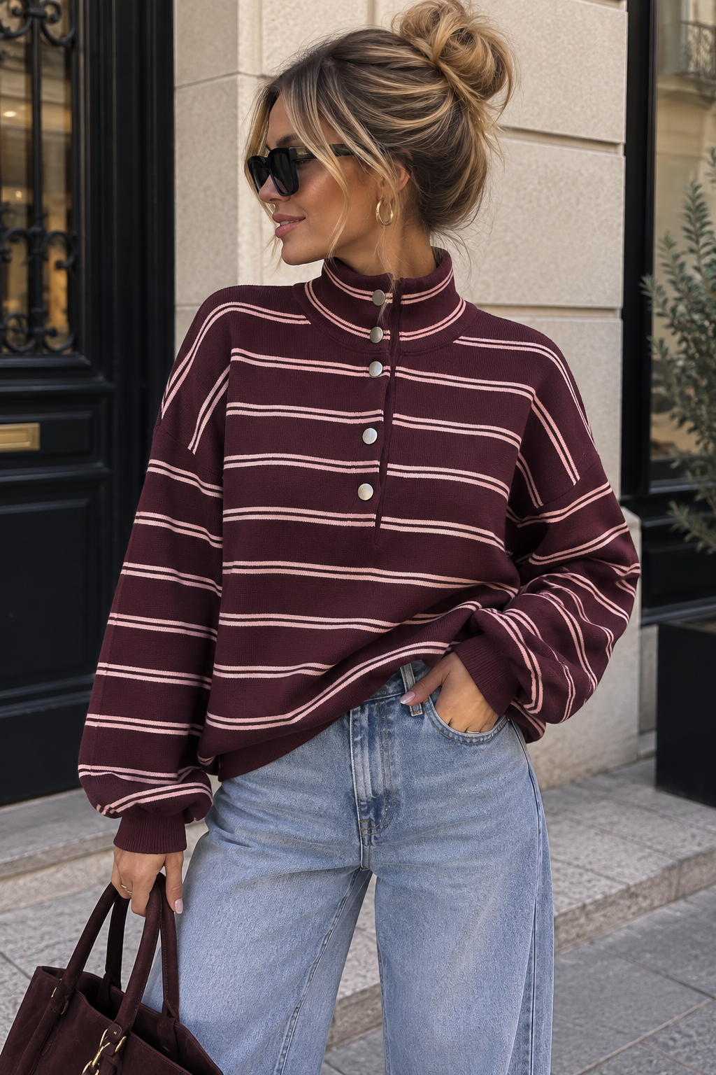 Venisha Burgundy Fine Knit Striped Jumper