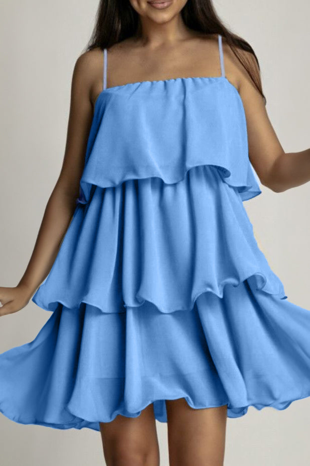 Vianna Powder Blue Chiffon Print Tiered Dress