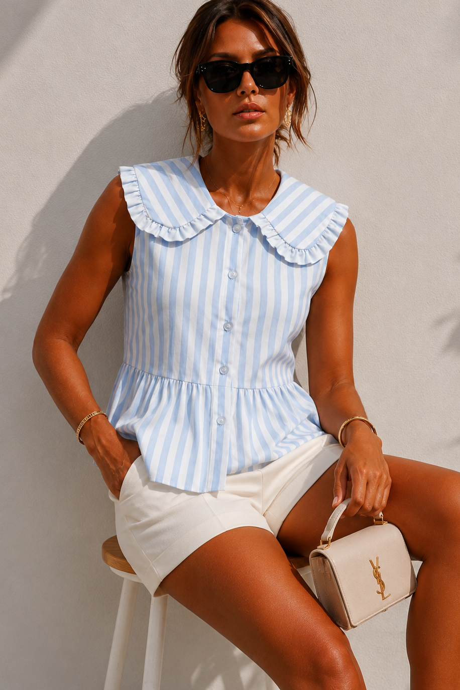 Zaniyah Blue Striped Peter Pan Collar Top