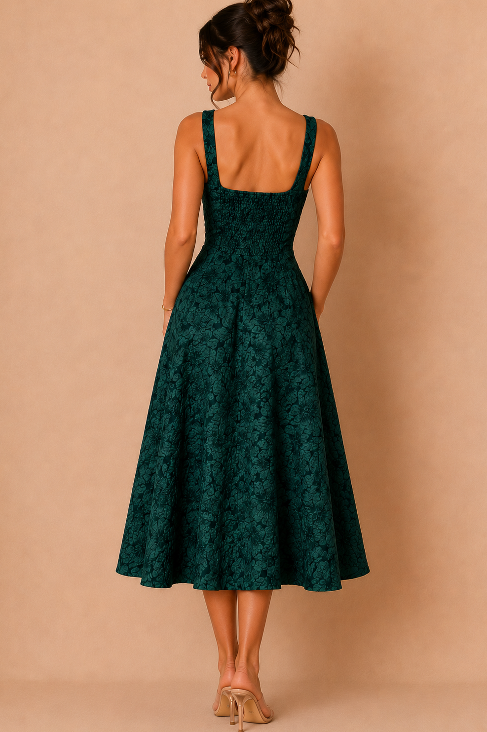 Zia Green Floral Jacquard Square Neck Midi Dress