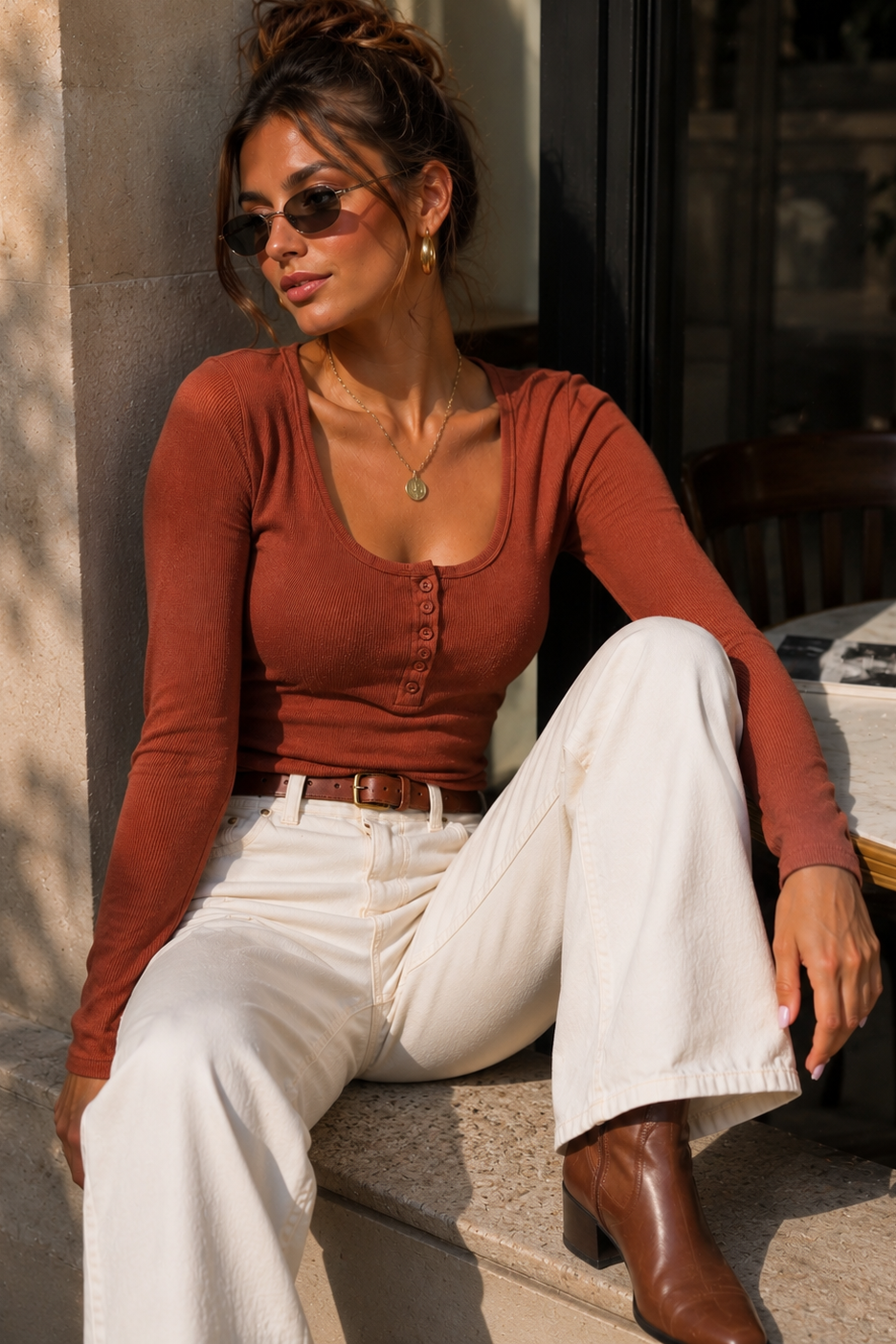 Zion Rust Ribbed Long Sleeve Top