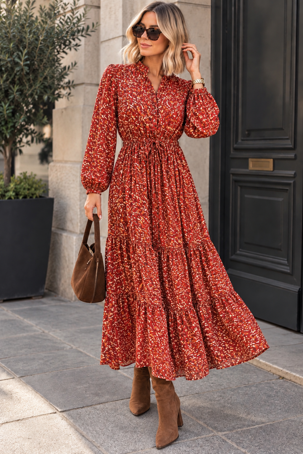 Zuri Rust Print Tiered Maxi Dress