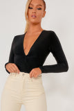 Adelina Black Slinky V Neck Bodysuit