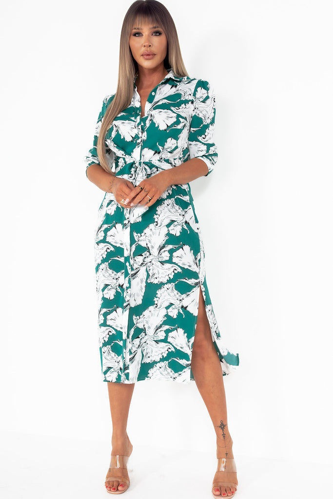 AX Paris Vada Green And White Floral Midi Shirt Dress