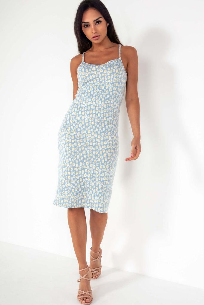 Isla Blue Daisy Print Midi Dress