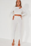 Mavis White Ribbed Split Hem Trousers