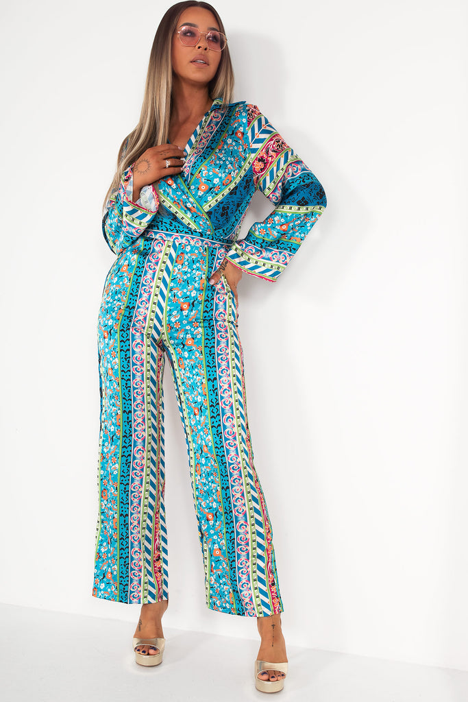 Shelley Blue Satin Printed Jumpsuit