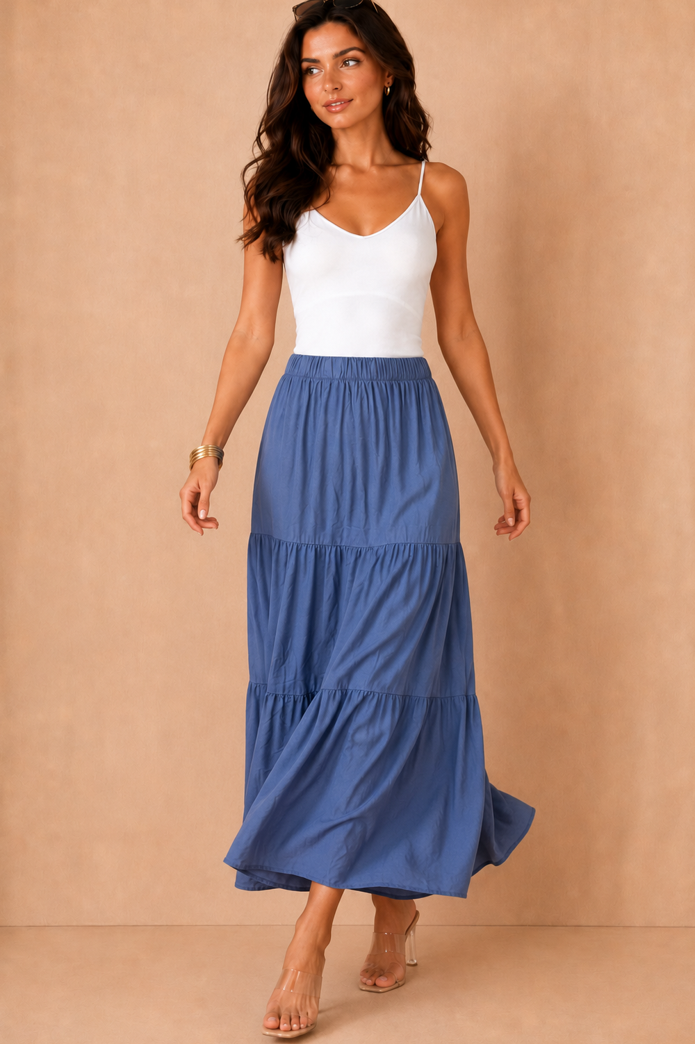 Gigi Cornflower Blue Tiered Boho Maxi Skirt