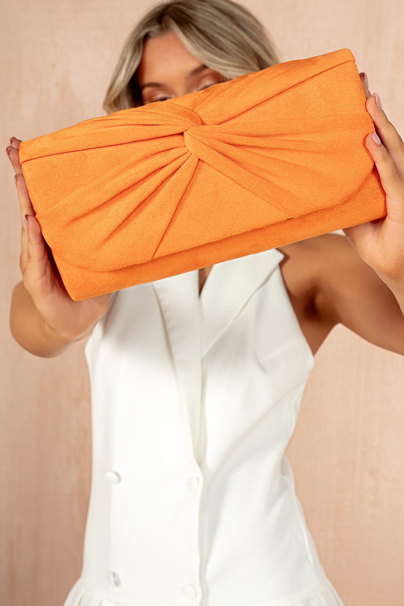 miranda-orange-suedette-knot-clutch