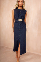 Abbie Dark Blue Denim Ruched Belted Midi Dress