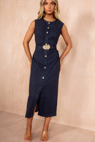 Abbie Dark Blue Denim Ruched Belted Midi Dress
