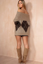 Adrian Taupe Knit Argyle Bardot Jumper