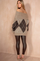Adrian Taupe Knit Argyle Bardot Jumper