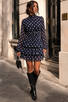 Agnes Navy Chiffon Polka Dot Ruffle Dress