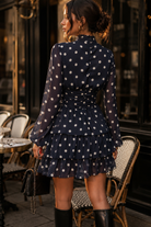 Agnes Navy Chiffon Polka Dot Ruffle Dress