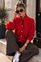 Alaia Red Knit Tie Neck Cardigan