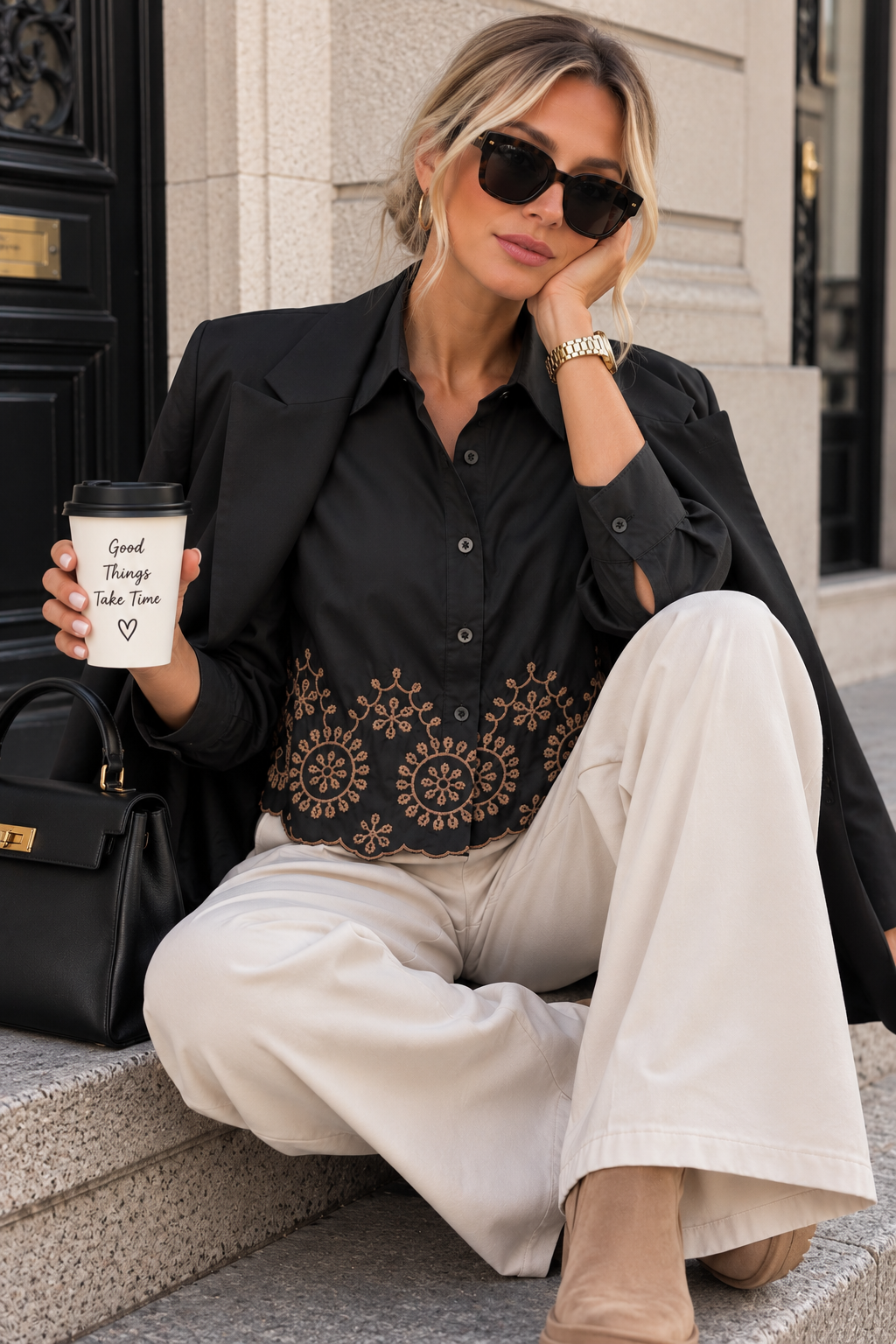Alena Black Embroidered Trim Cropped Shirt