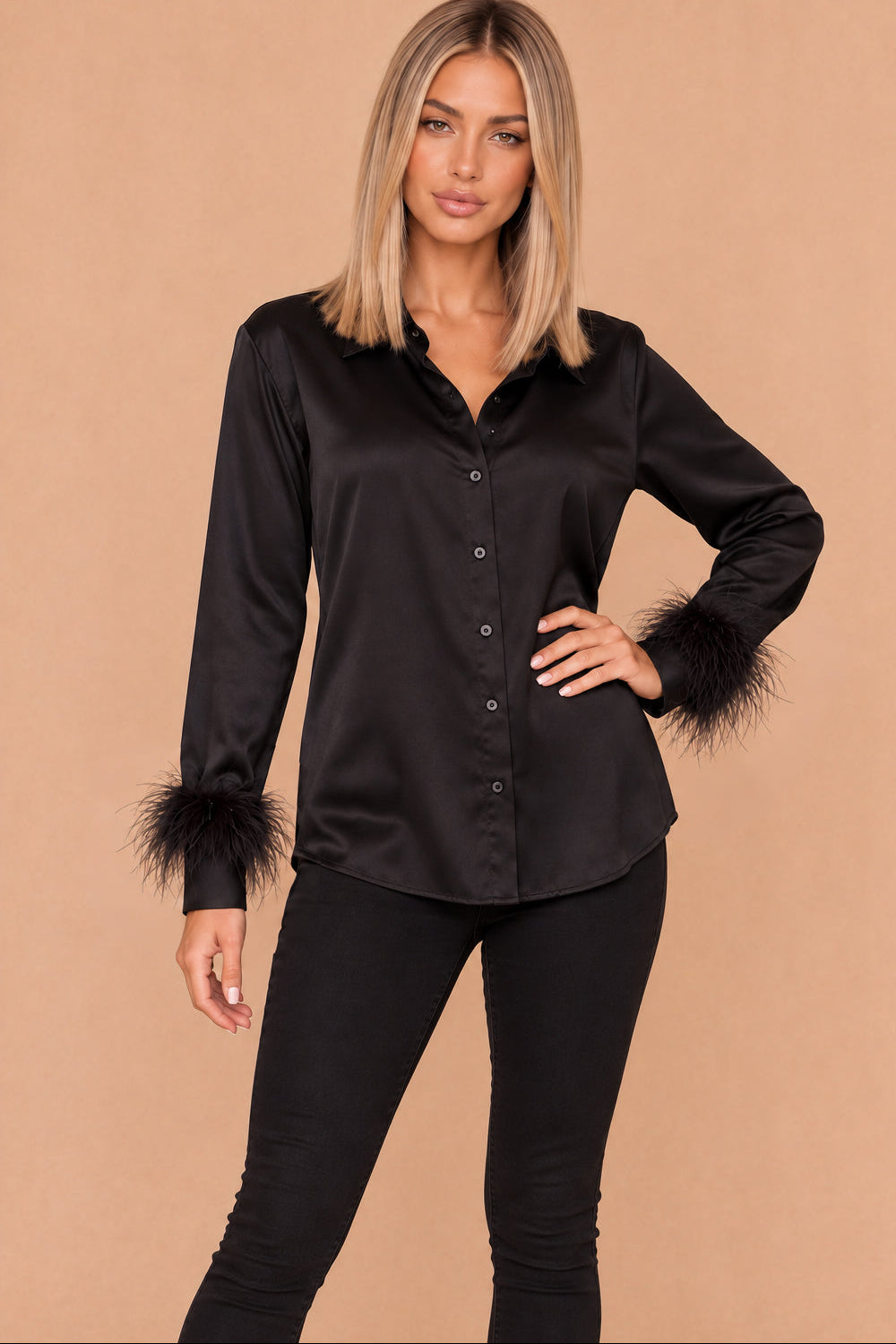 Ally Black Satin Feather Cuff Shirt