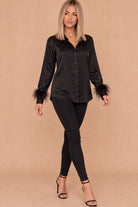 Ally Black Satin Feather Cuff Shirt
