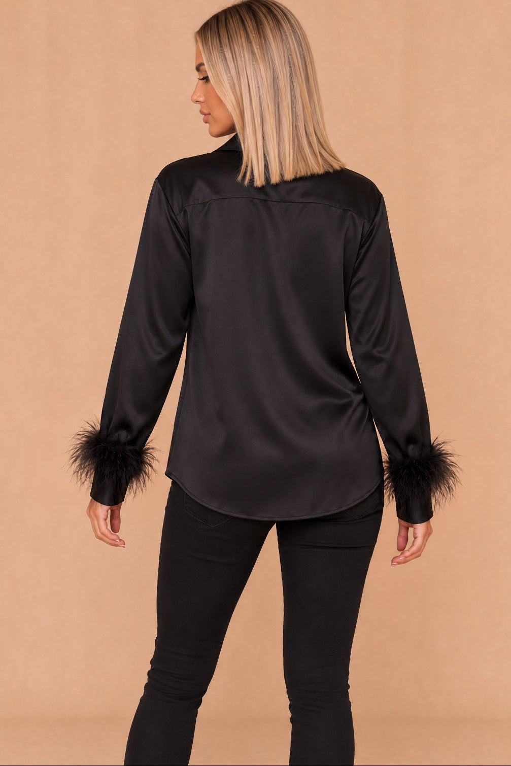 Ally Black Satin Feather Cuff Shirt