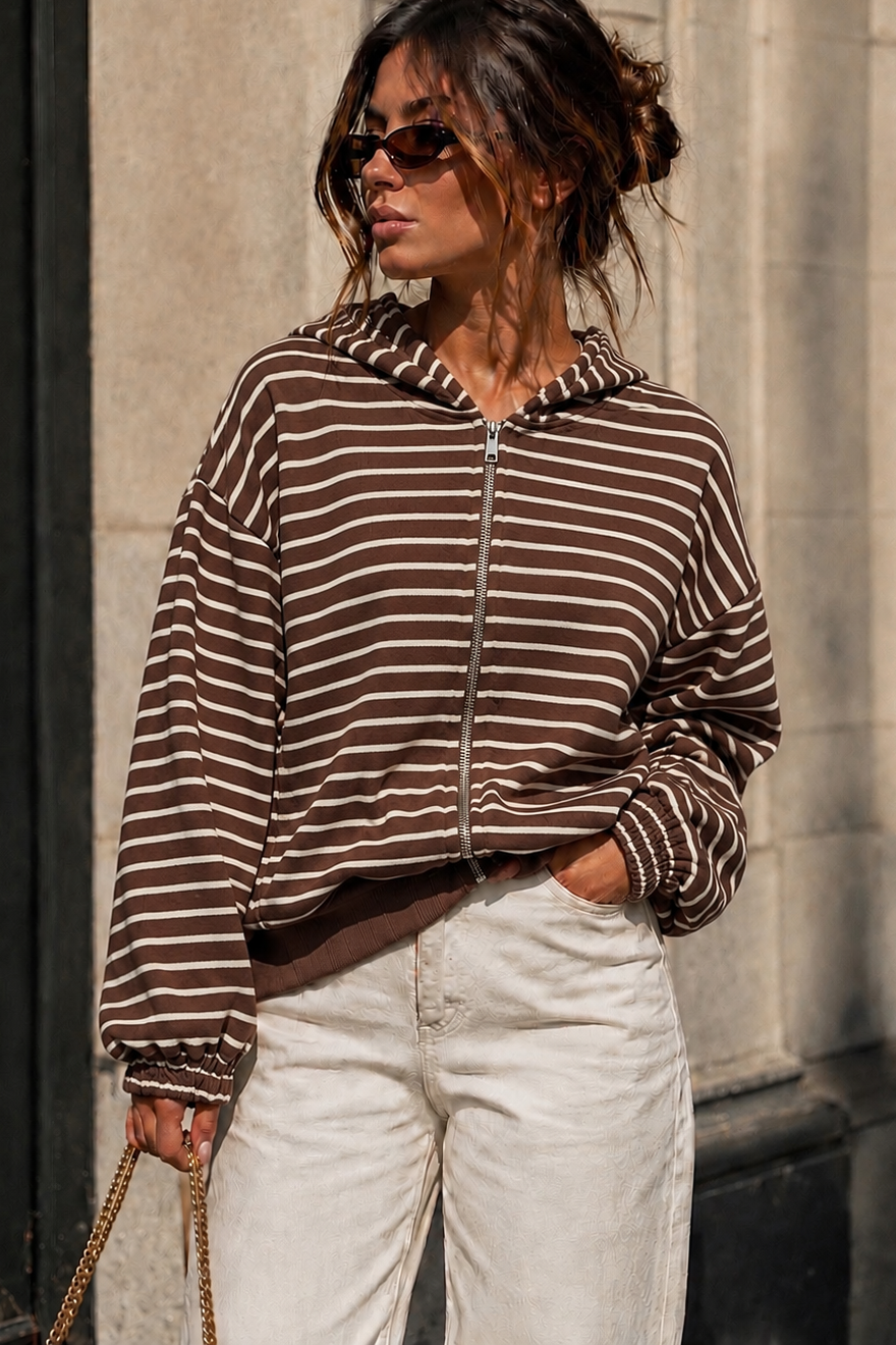 Alma Chocolate Striped Zip Up Hoodie