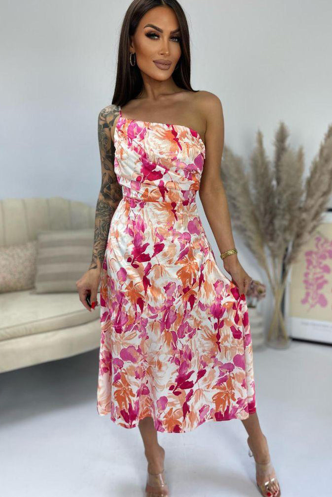 Alma Fuchsia Satin Floral Dress