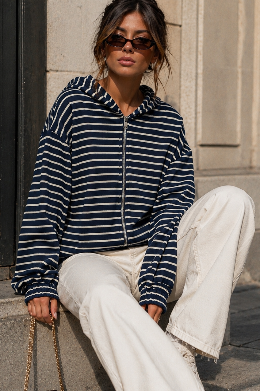 Alma Navy Striped Zip Up Hoodie