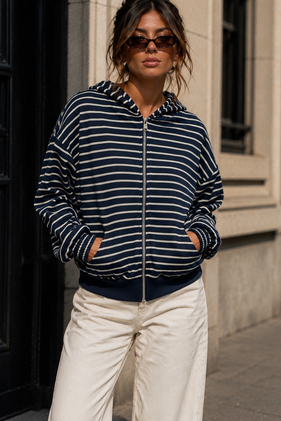 Alma Navy Striped Zip Up Hoodie
