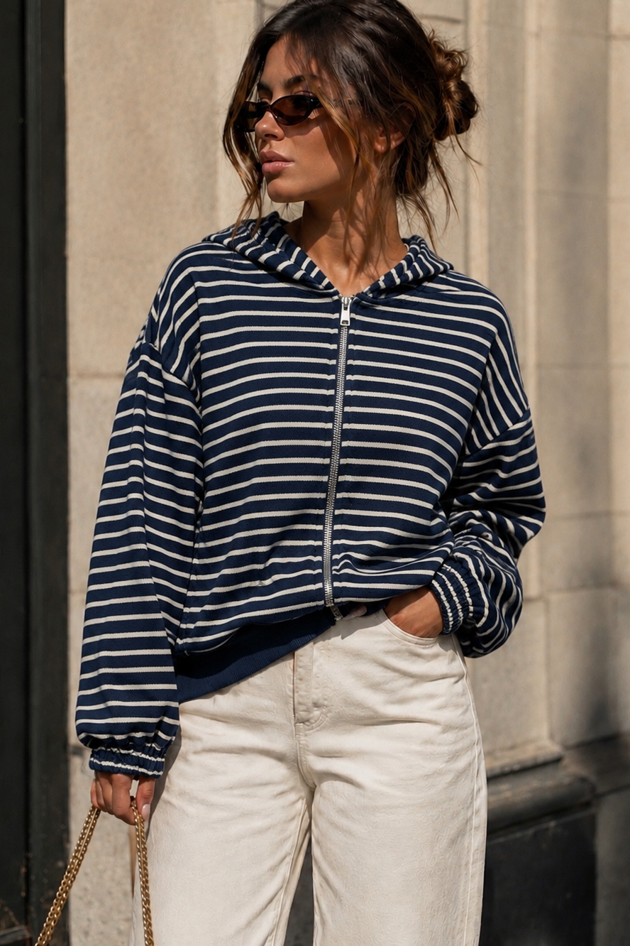 Alma Navy Striped Zip Up Hoodie