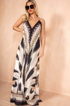 Amanda Black and Cream Printed Diamante Halterneck Dress
