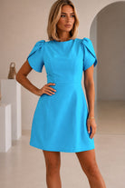 Ami Teal Blue High Neck Mini Dress