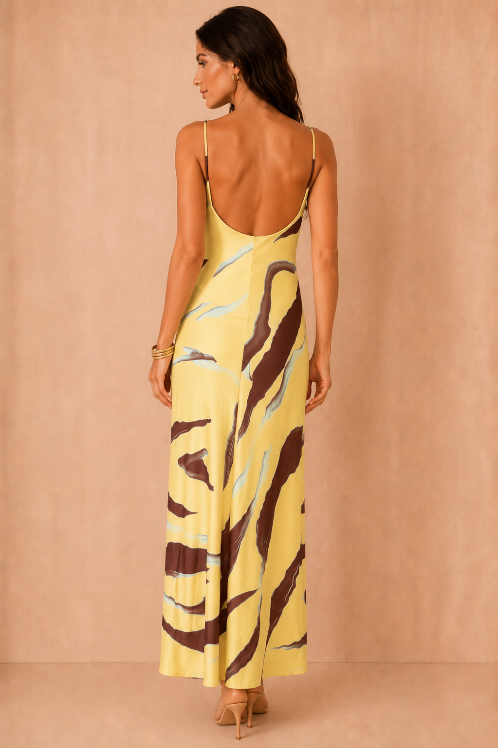 Amika Yellow Printed Cowl Neck Maxi Dress