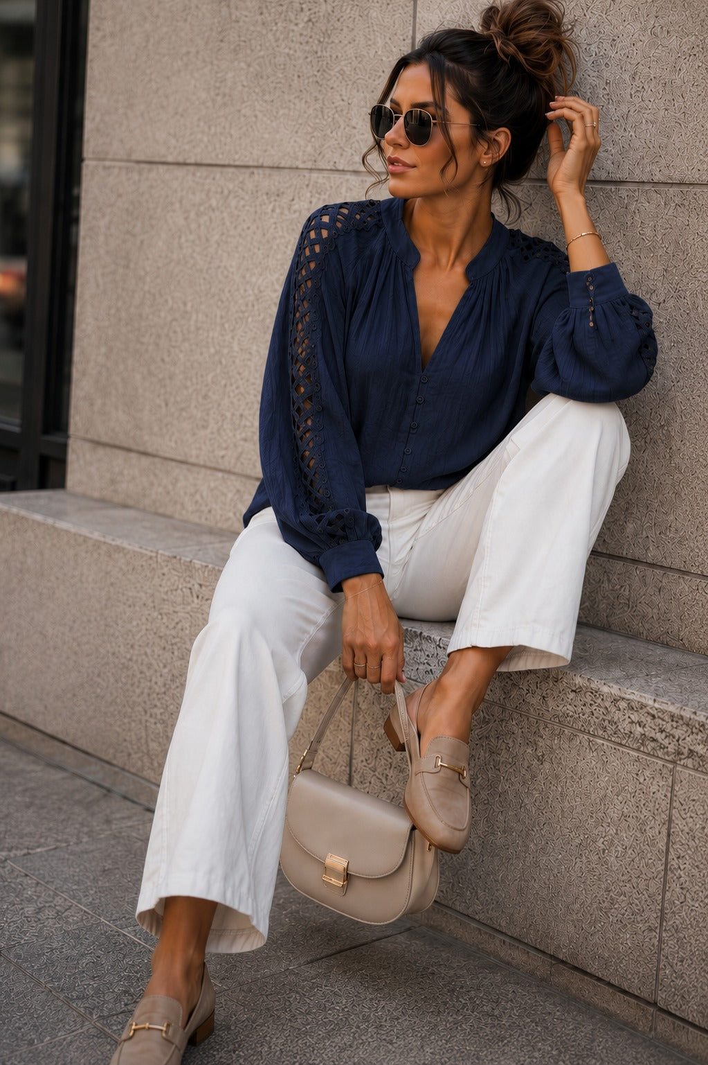 Anna Navy Cotton Cut Out Shirt