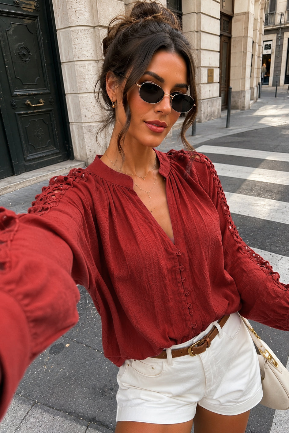 Anna Wine Cotton Cut Out Shirt