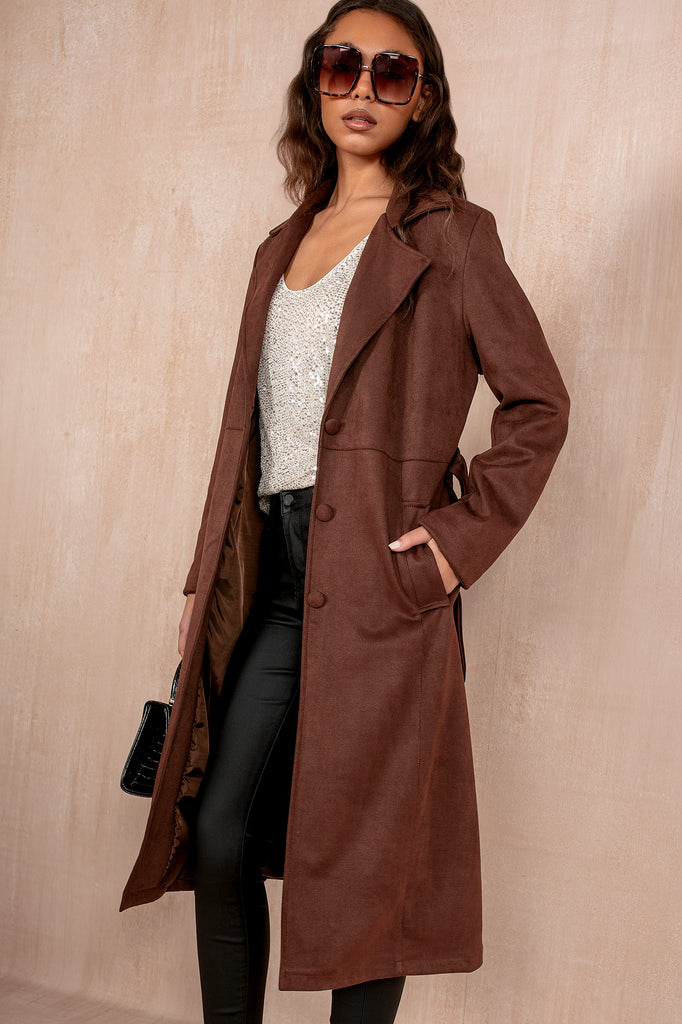 Arianna Chocolate Suedette Belted Coat