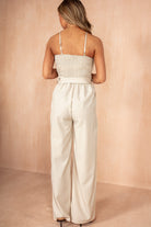 Ariya Cream Pinstripe Belted Jumpsuit