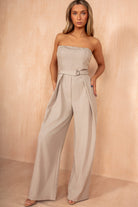 Ariya Taupe Pinstripe Belted Jumpsuit