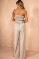 Ariya Taupe Pinstripe Belted Jumpsuit