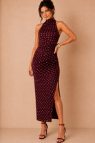 Avery Burgundy and Pink Satin Polka dot Maxi Dress